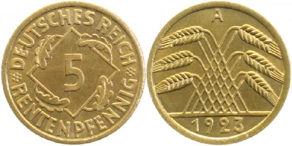 5 Rentenpfennig 1923 A stgl.fein Erstabschlag J308