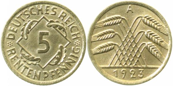 5 Rentenpfennig 1923 A prfr/st J308