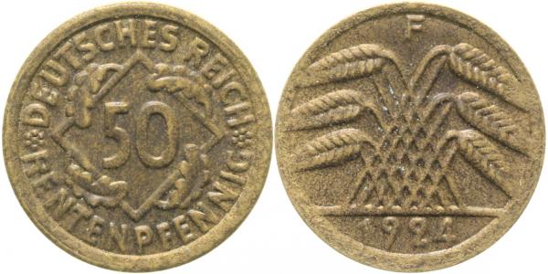 50 Rentenpfennig 1924 F zeitgenössische Fälschung J310