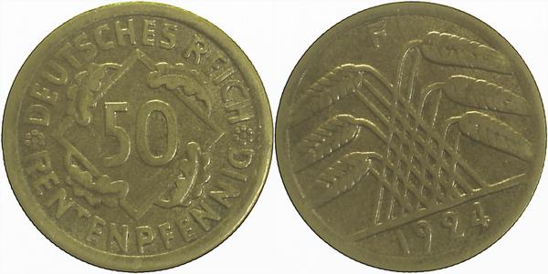 50 Pfennig 1924 F ss/vz ca S340! J310 ss / vz 50 Pfennig