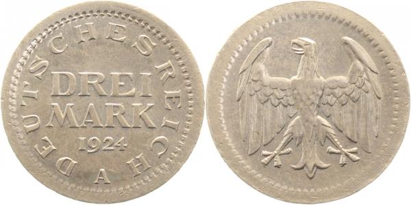 3 Mark 1924 A ohne Randinschrift RAR ohne Ring geprägt