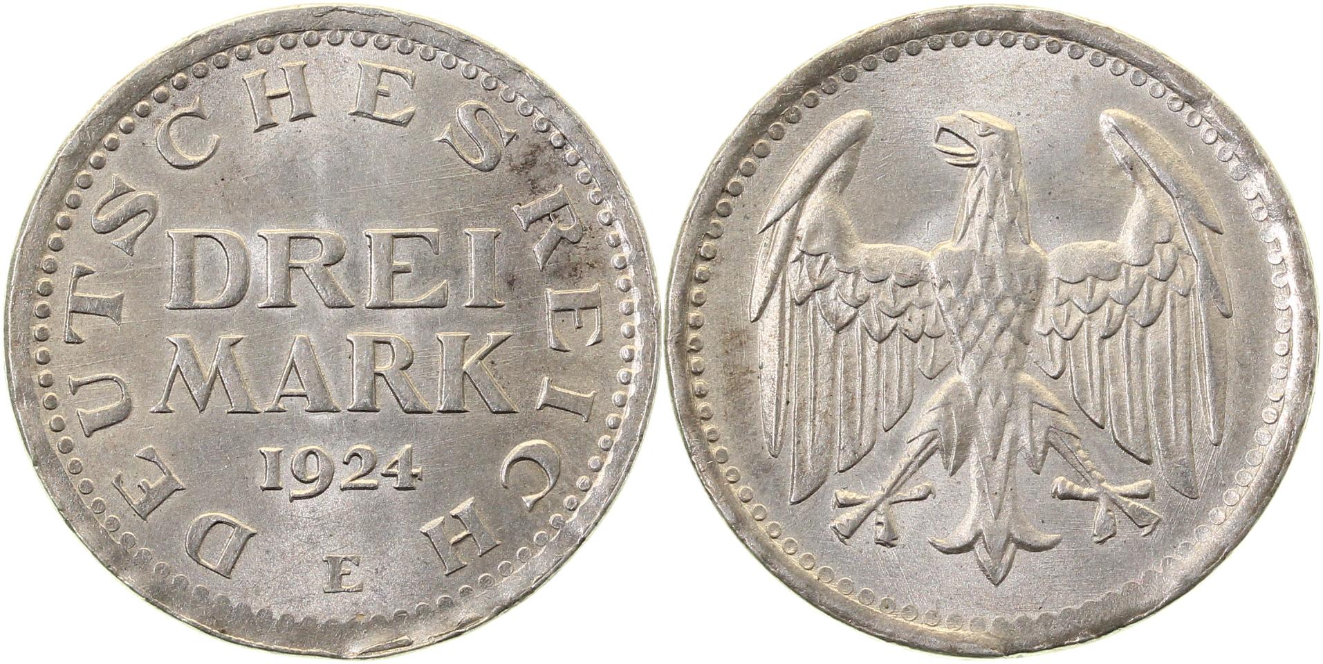 3 Reichsmark 1924 E prfr/stgl leichtes Zainende J312