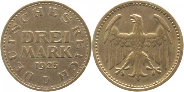 3 Reichsmark J312 1925 D Kursmünze f.vz