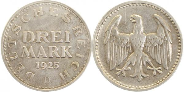 3 Reichsmark 1925 D J312 leichte Kratzer
