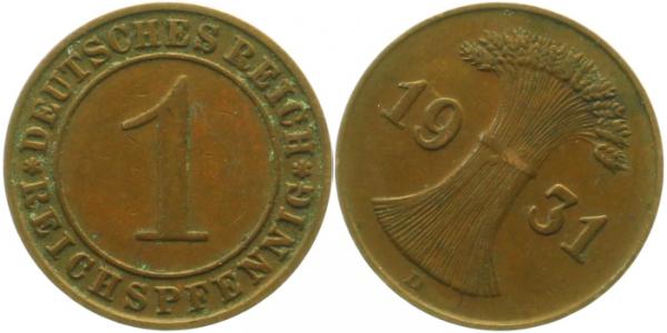 1 Reichspfennig 1931 D ss/vz Stempeldrehung 45° J313