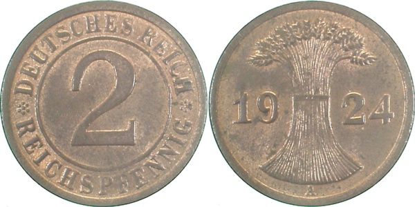 2 Reichspfennig 1924 A prfr fleckig J314