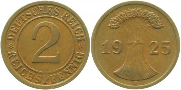 2 Reichspfennig 1925 E f prfr Rückseite doppelt ! J314