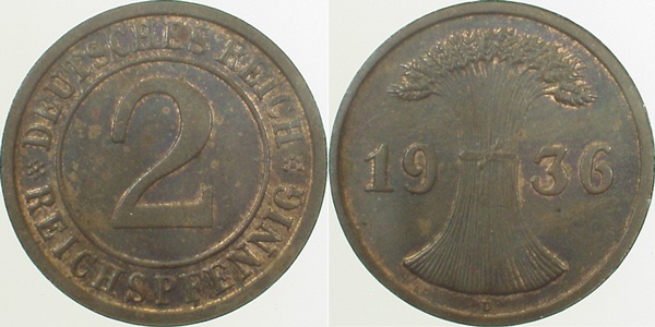 2 Reichspfennig 1936 D J314 f prfr