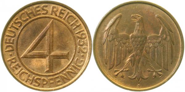 4 Reichspfennig 1932 A, J315 schöne Patina prfr/s prfr/