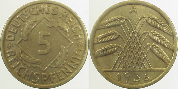 5 Reichspfennig 1936 A vz/st J316