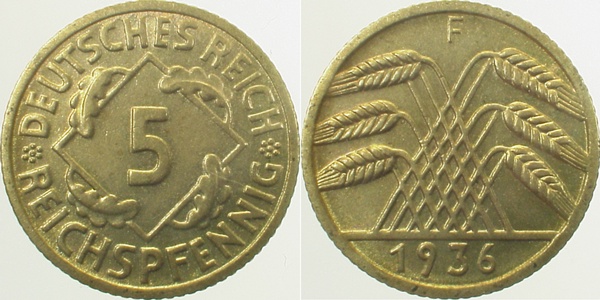 5 Reichspfennig 1936 F vz/st J316