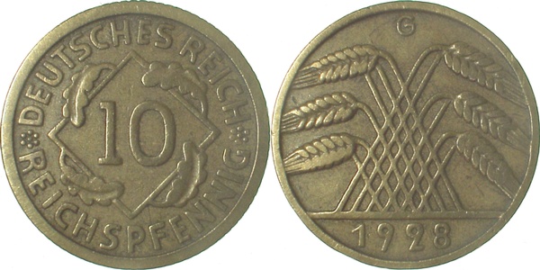 10 Reichspfennig 1928 G J317 ss+