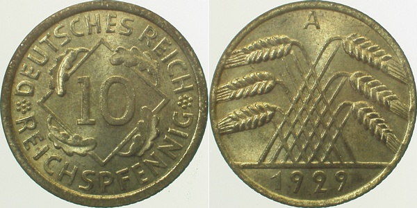 10 Reichspfennig 1929 A J317 prfr/stgl