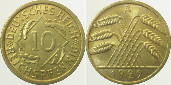 10 Reichspfennig 1929 A leichte Stempeldrehung J317