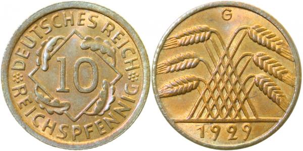10 Reichspfennig 1929 G J317 goldene Patina !!!