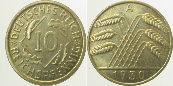 10 Reichspfennig 1930 A prfr/stgl J317