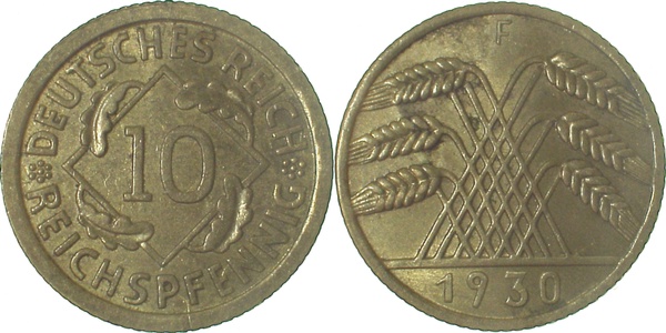 10 Reichspfennig 1930 F vz/stgl min fleckig