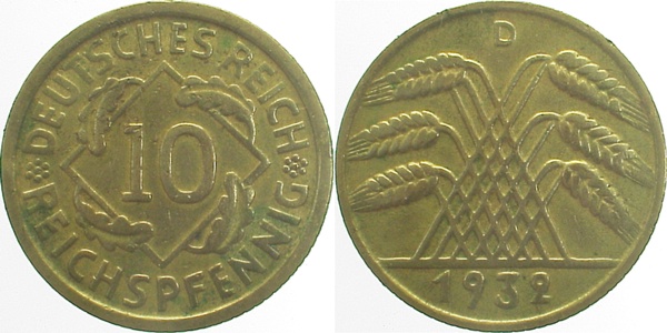 10 Reichspfennig 1932 D ss/vz J317
