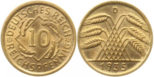 10 Reichspfennig 1935 D J317 prfr/stgl