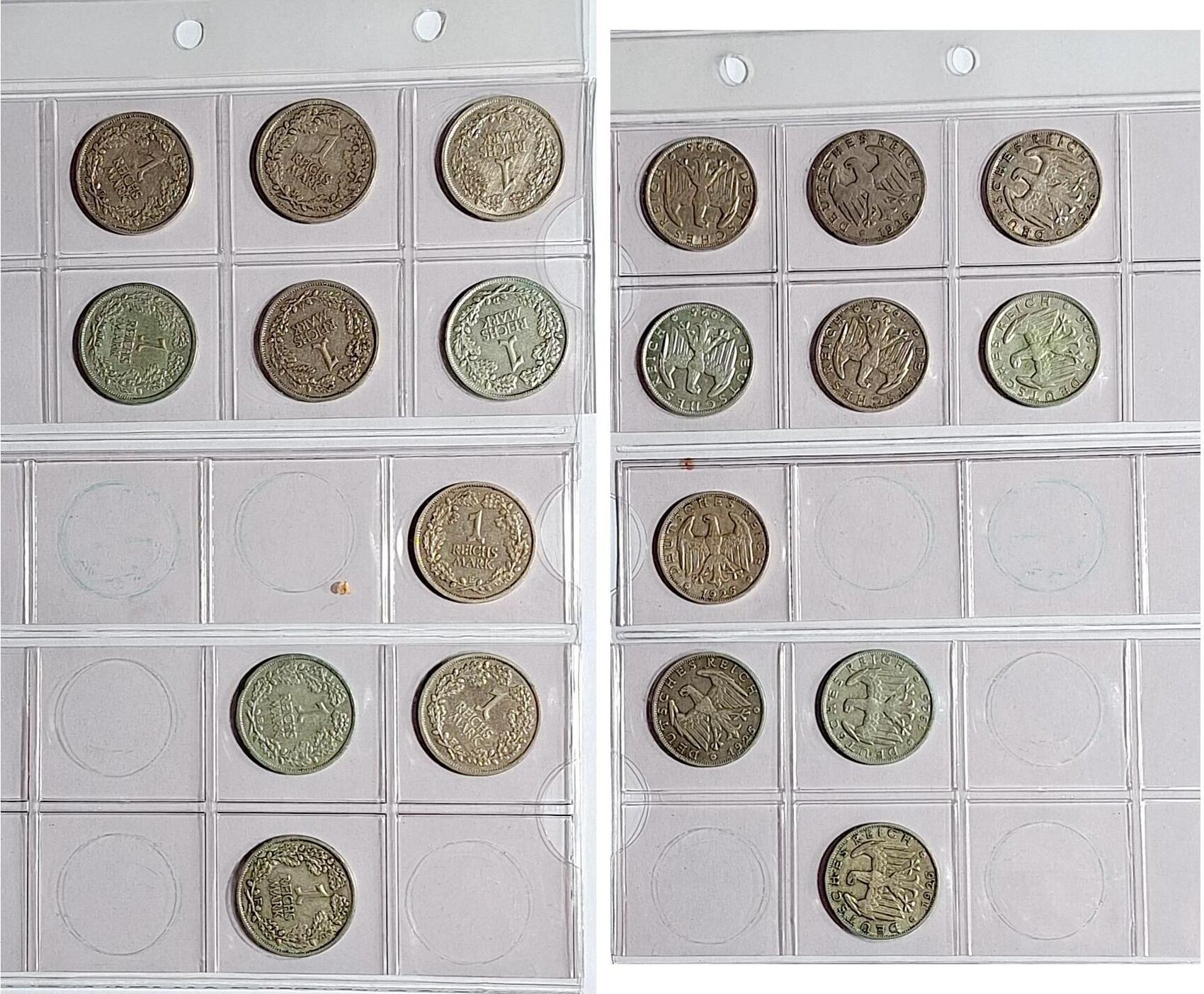 1 Reichsmark 1925–1927: zehn Münzen, vollständige Vorder- und Rückseiten