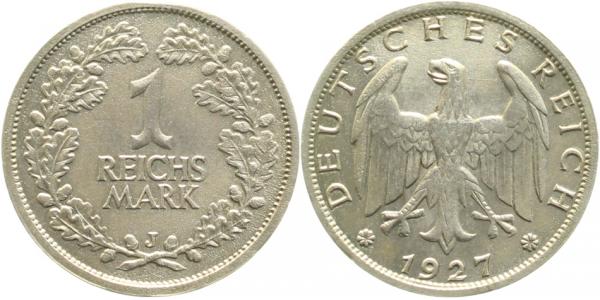 1 Reichsmark 1927 J fast vorzüglich J319