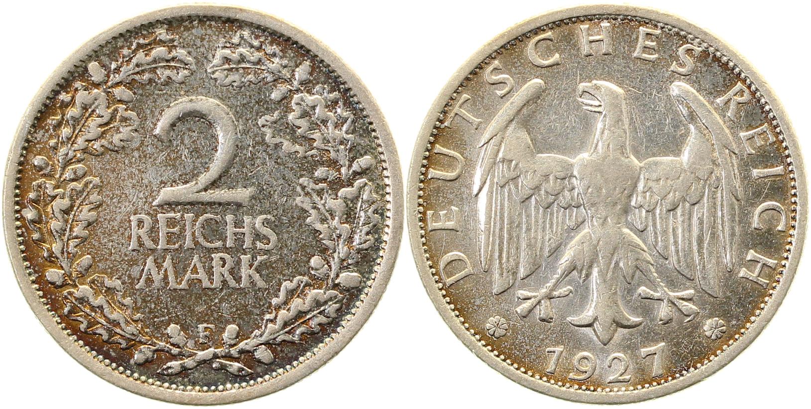 2 Reichsmark 1927 F ss schöne Patina J320