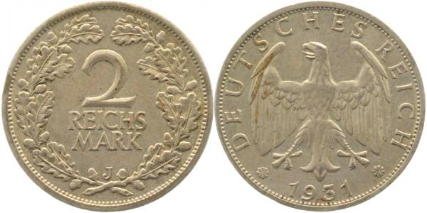 2 Reichsmark 1931 J J320 ss/vz min Randfehler
