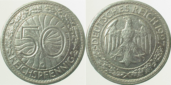 50 Reichspfennig 1927 G J324 ss / vz
