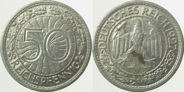 50 Reichspfennig 1927 J ss/vz min Korrosion J324