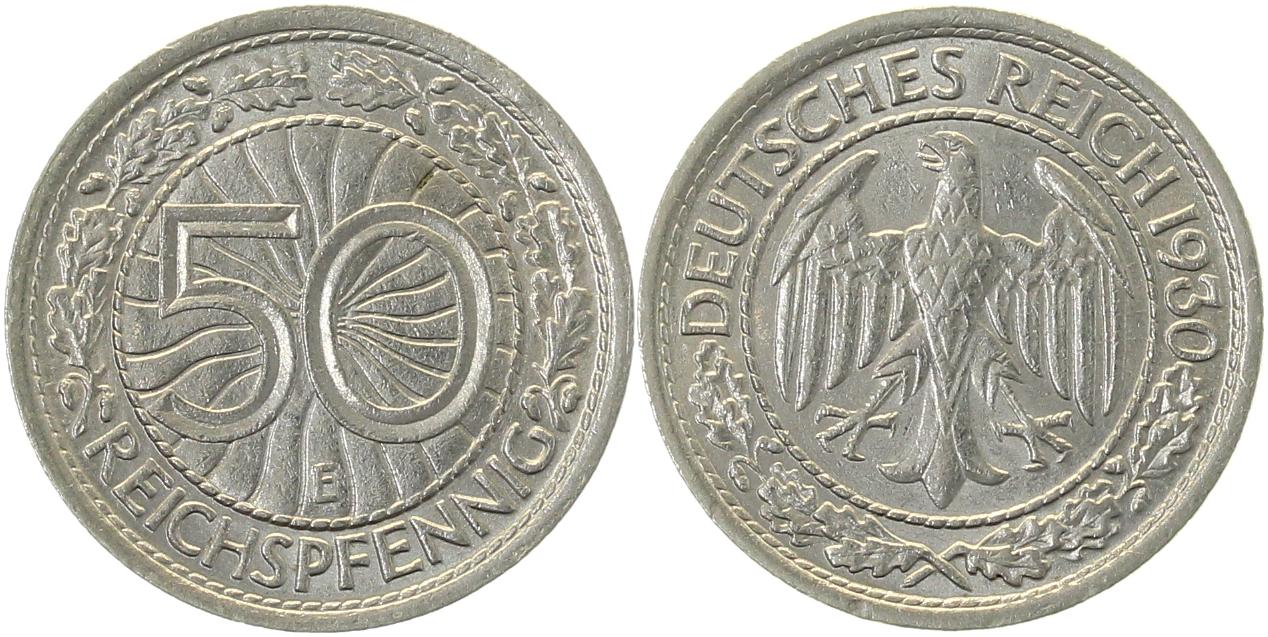 50 Reichspfennig 1930 E J324 sehr selten i.d. Erhaltung