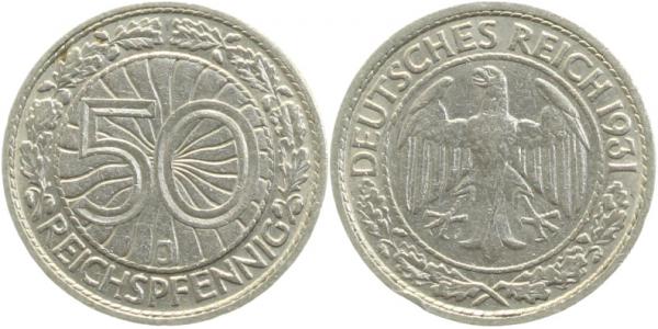 50 Reichspfennig 1931 J ss/vz kl Randfehler J324