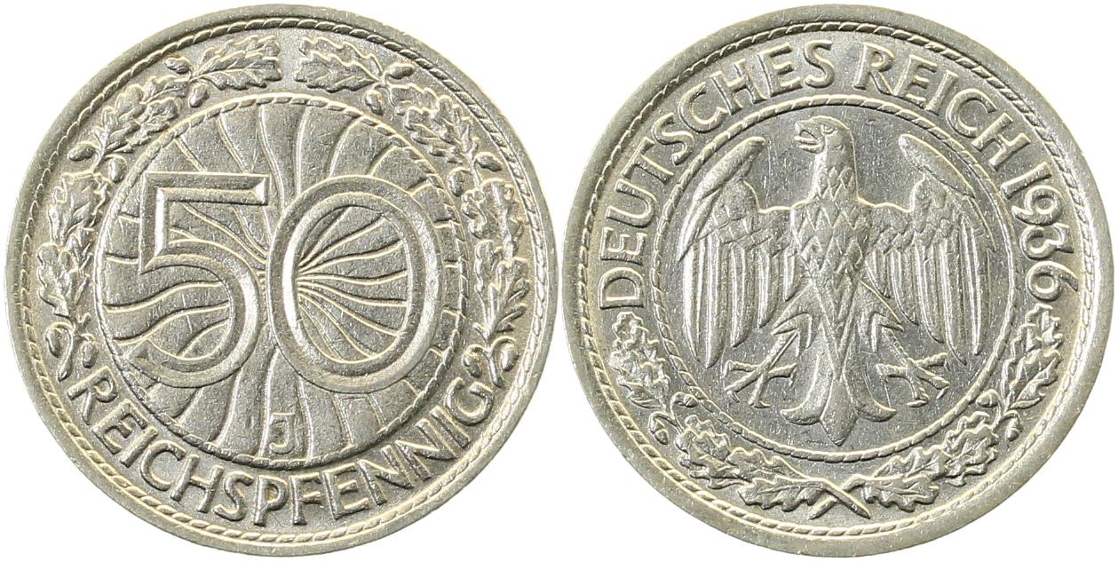 50 Reichspfennig 1936 J vz/stgl J324