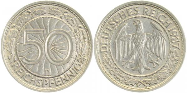 50 Reichspfennig 1937 D J324 vz/stgl