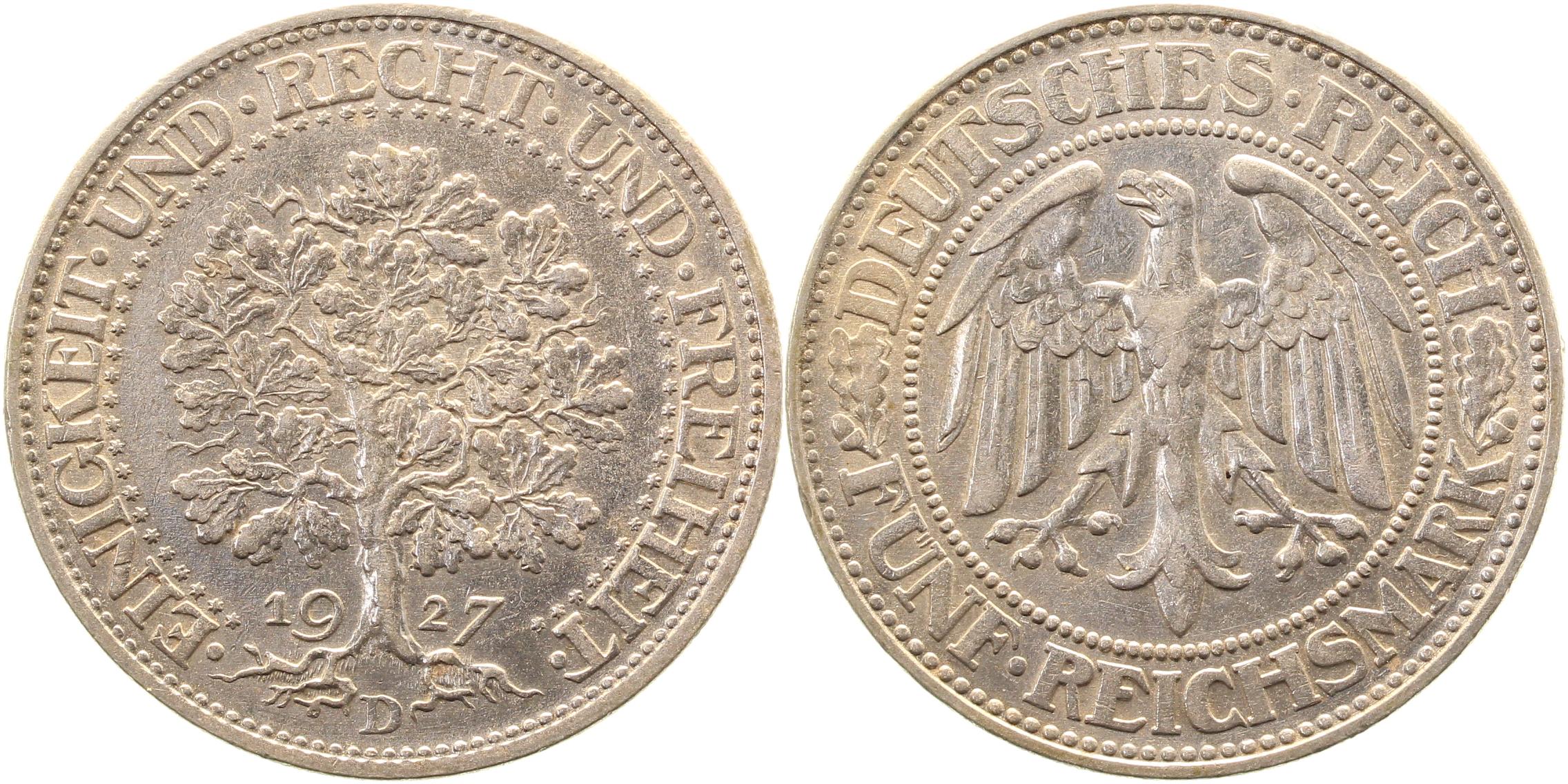 5 Reichsmark 1927 D Eichbaum vz, kl. Randfehler J331