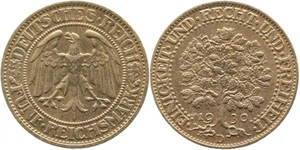 5 Reichsmark 1930 D Eichbaum vz/stgl kl. Randfehler J331