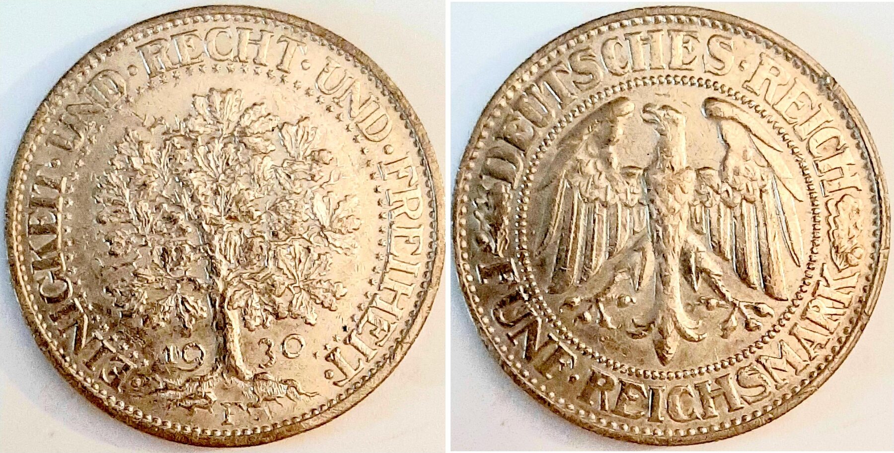 5 Reichsmark 1930 F Eichbaum vz kl. Randfehler