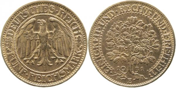 5 Reichsmark Eichbaum 1931 E vz/stgl J331