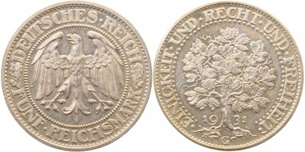5 Reichsmark Eichbaum 1931 G extrem selten Polierte Platte
