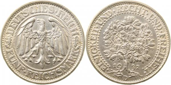 5 Reichsmark 1932 D Eichbaum J331 vz/stgl