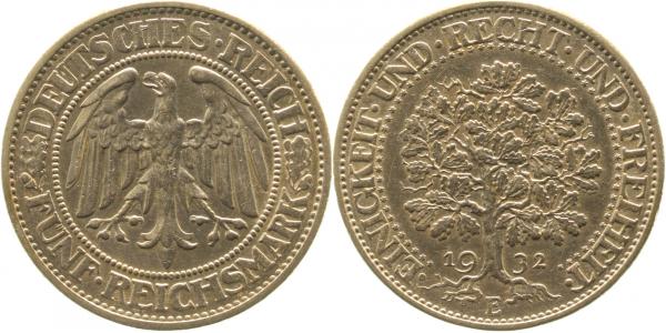 5 Reichsmark 1932 E Eichbaum vorzüglich 33132E-2.0