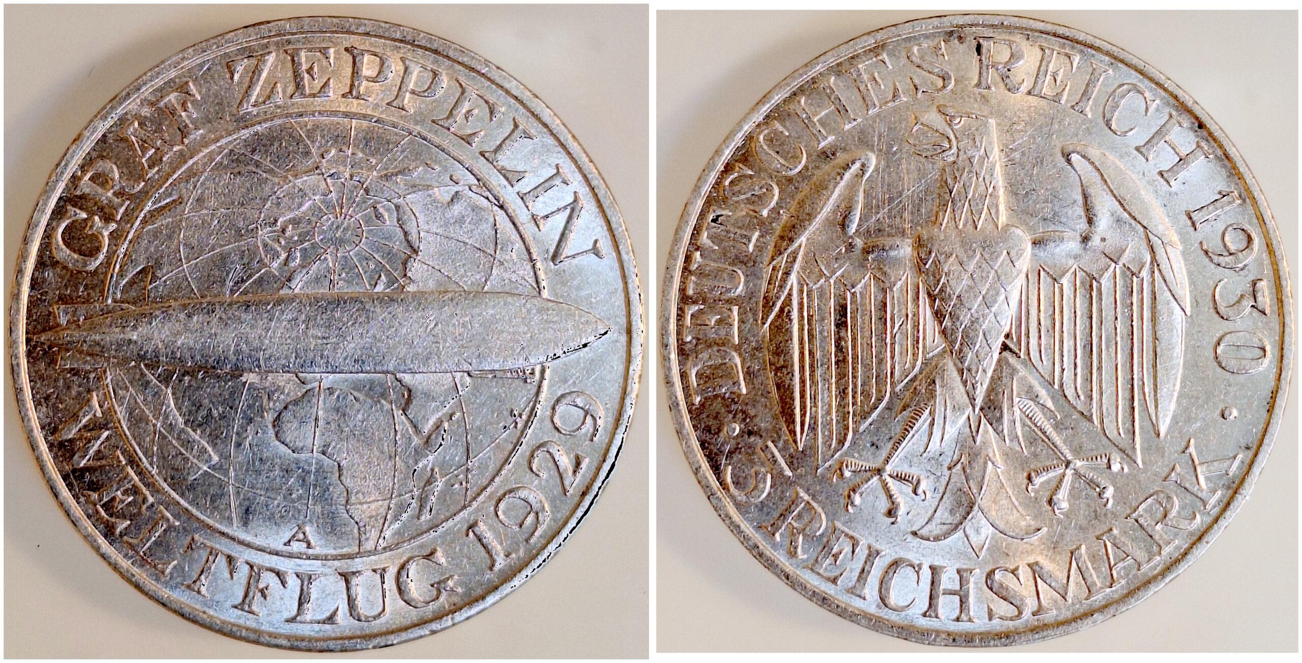 3 Reichsmark Zeppelin 1930 A vz/stgl J342