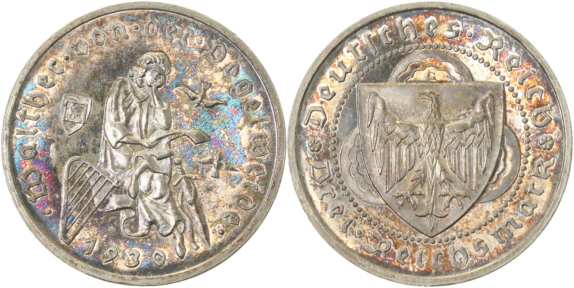 3 Reichsmark1930 G Vogelweide PP/PP- herrliche Patina J344