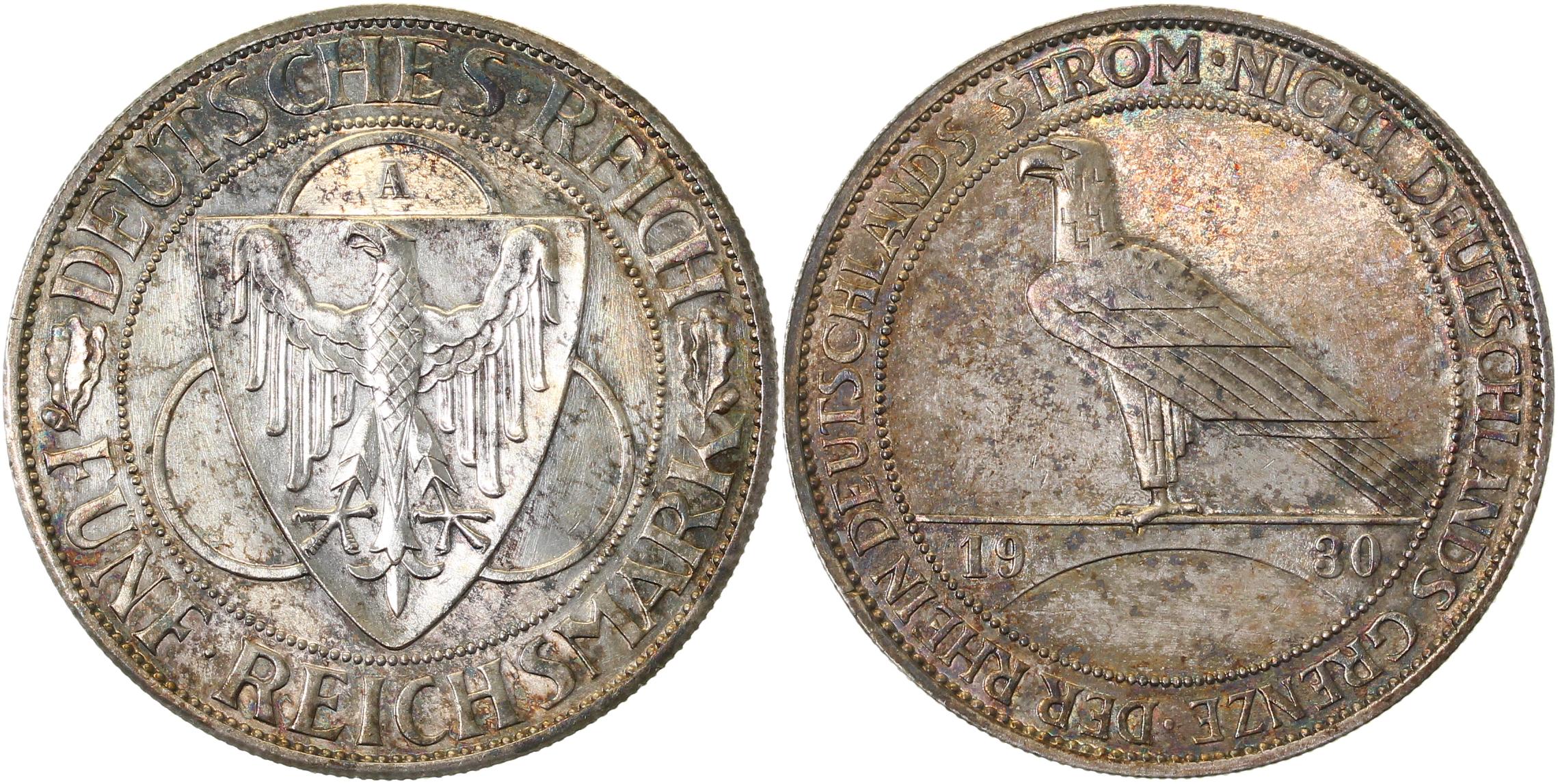 5 Mark Rheinlands-Räumung 1930 A Proof minimal berieben