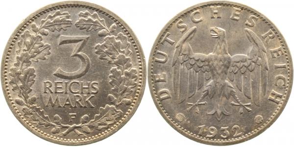 3 Reichsmark 1932 F f /prfr/f stgl ! Erstabschlag ! J349 3 Reichsmark