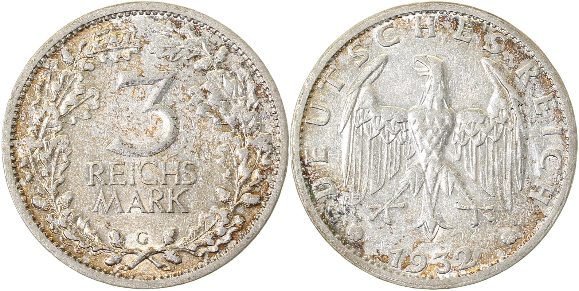 3 Reichsmark 1932 G vz/vz+, ein wenig Patina J349