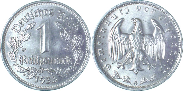 1 Reichsmark 1933 G prfr/stgl, selten i.d. Erhaltung