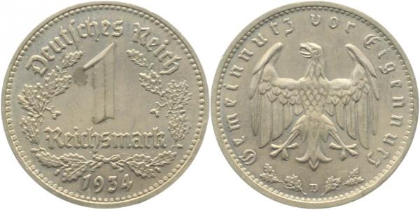 1 Reichsmark 1934 D vz/stgl J354