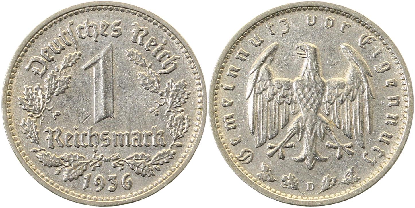 1 Reichsmark 1936 D ss/vz J354