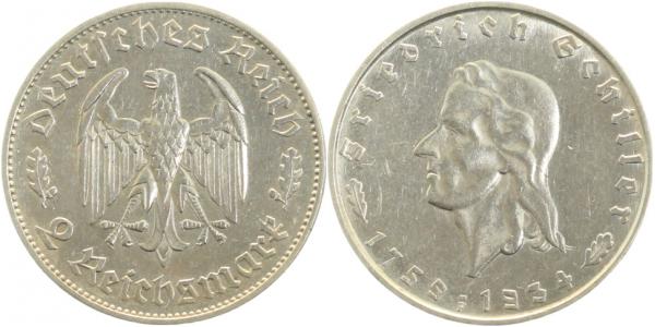 2 Reichsmark J358 1934 F Friedrich Schiller fast vz