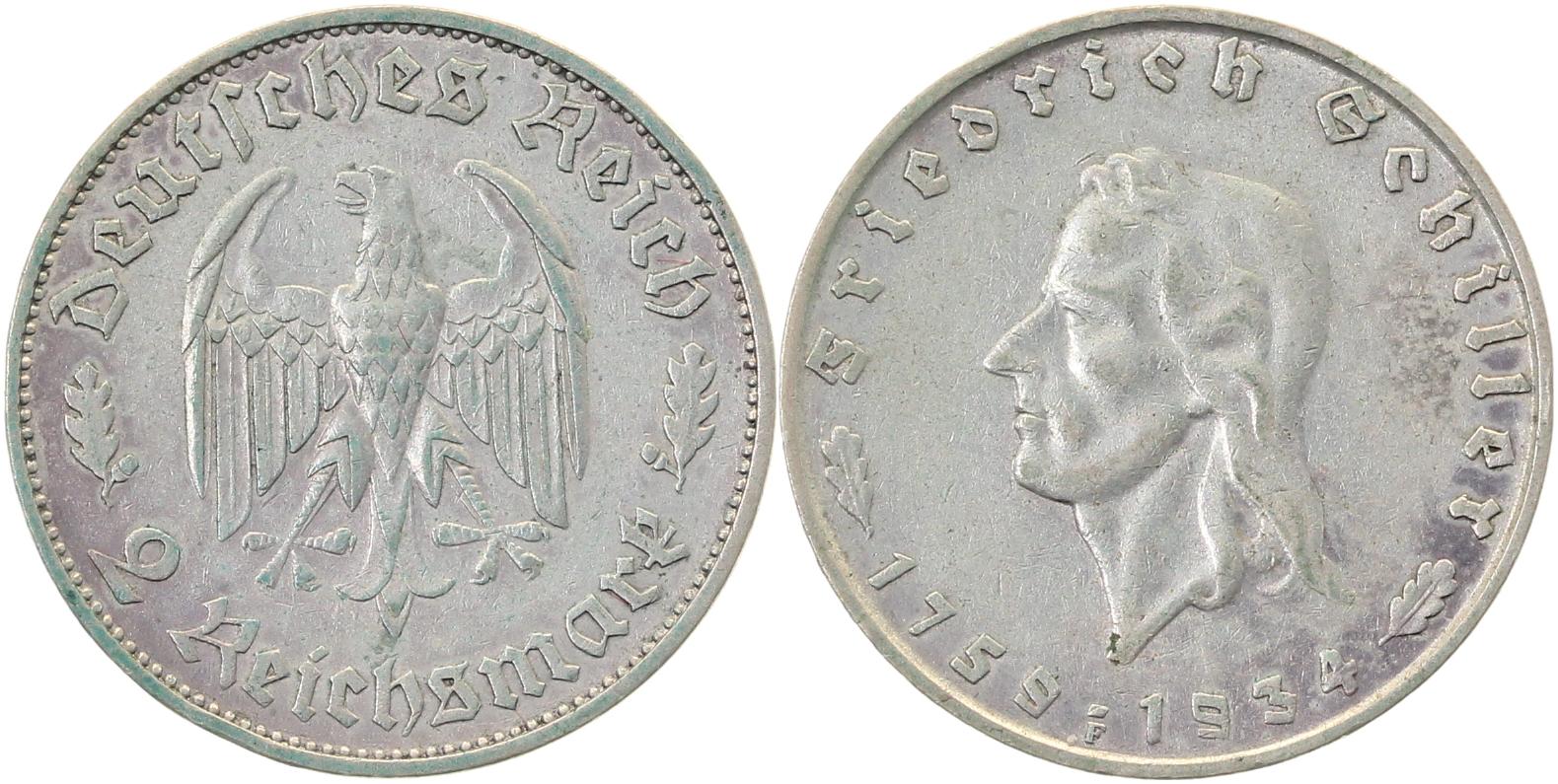 2 Reichsmark Schiller 1934 F ss/vz J358